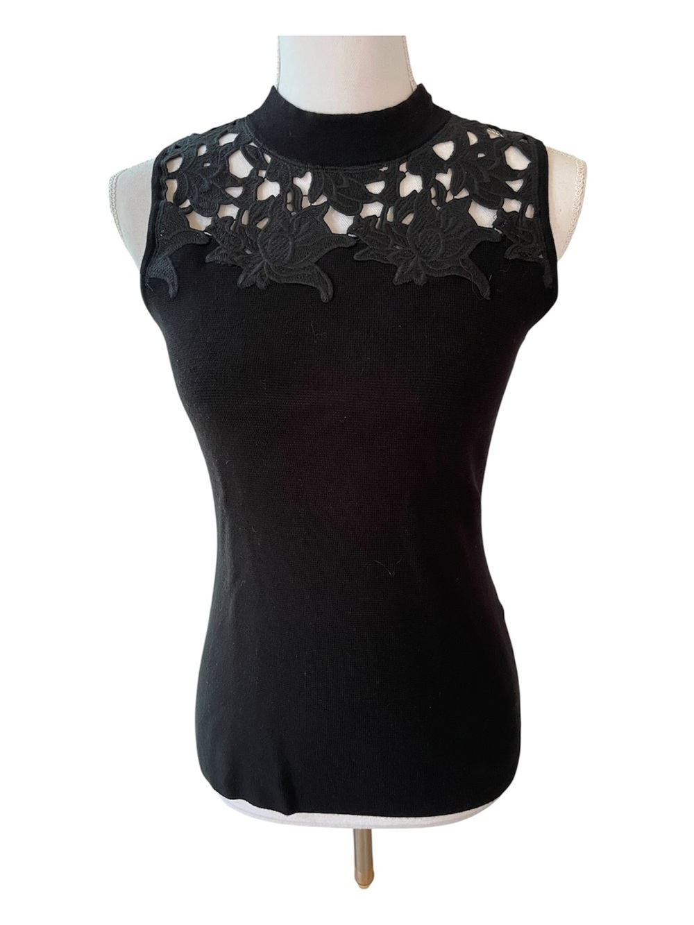 White House Black Market Black Sleeveless Sweater with Lace Detail. Size XS